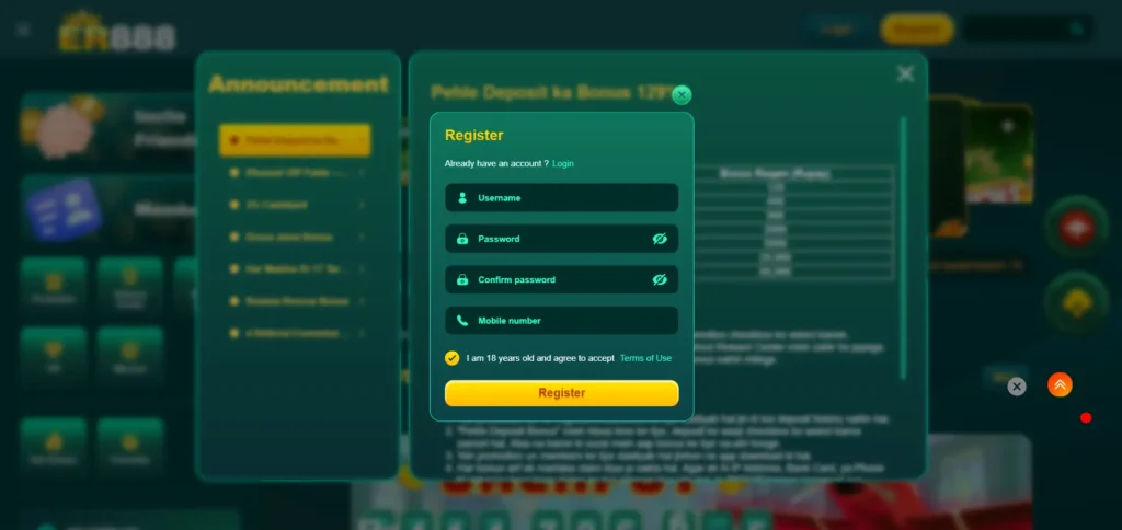 er888 Game register